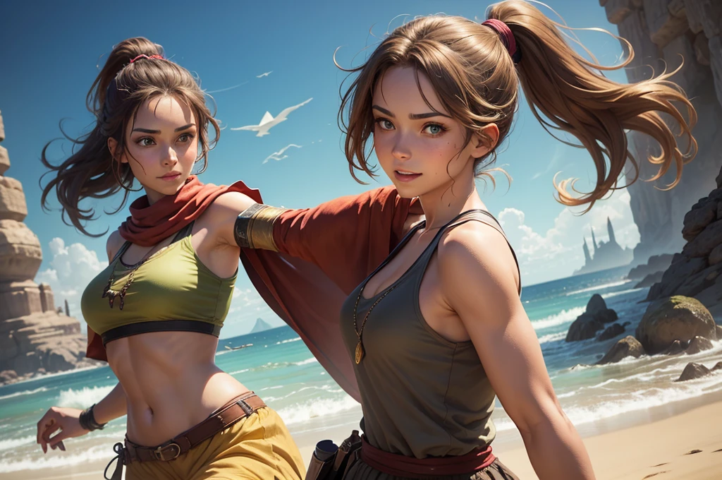 A woman of average height, with sun-tanned skin and light brown hair tied in a ponytail. Her green eyes shine with determination, and she almost always has a friendly smile on her face. She wears simple, comfortable clothes, often stained with dirt. (digital art, fantasy art, RPG art)