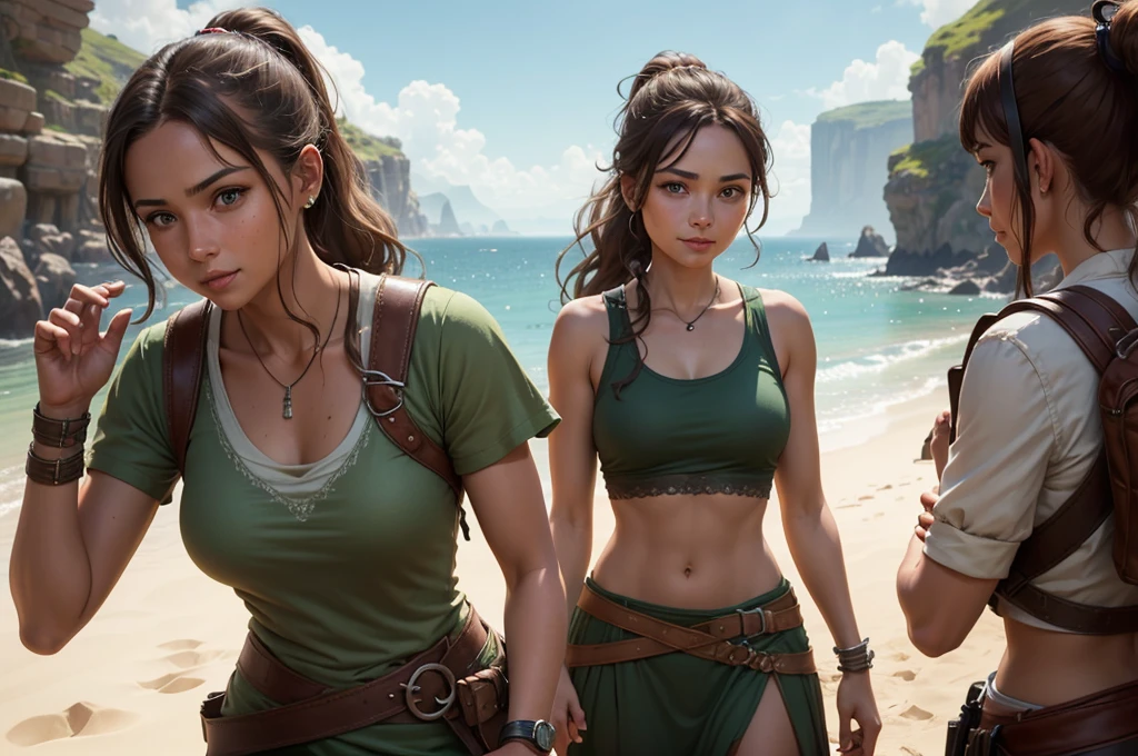A woman of average height, with sun-tanned skin and light brown hair tied in a ponytail. Her green eyes shine with determination, and she almost always has a friendly smile on her face. She wears simple, comfortable clothes, often stained with dirt. (digital art, fantasy art, RPG art)