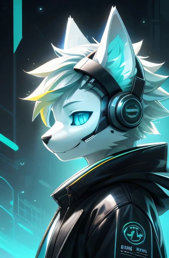 Young werewolf, White fur, Wearing a black jacket with neon details, Wearing a mechanical mask, With gaming headset, Profile picture, Close-up of face，high quality, The art of math, , HD 4K realism, ((Clear structural details)), Meticulous and pragmatic, Delicate eyes, (Turquoise blue pupils), ((Silvery-white glowing eyes)), Smile, Smile, slender, soft, 4K, excellent quality, High Detail, Fine fur, ((Tail in the right place) ，Light blue shirt。Two ears，Yellow hair，whole body，permanent

