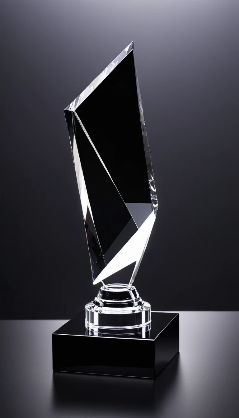 A cool trophy;Black matte metal trophy,Crystal acrylic base;Simplicity,Fashion,Feature,White background,Front view。Simplicity,Smart,Non-figurative。Enhance ambient light,Silk background。