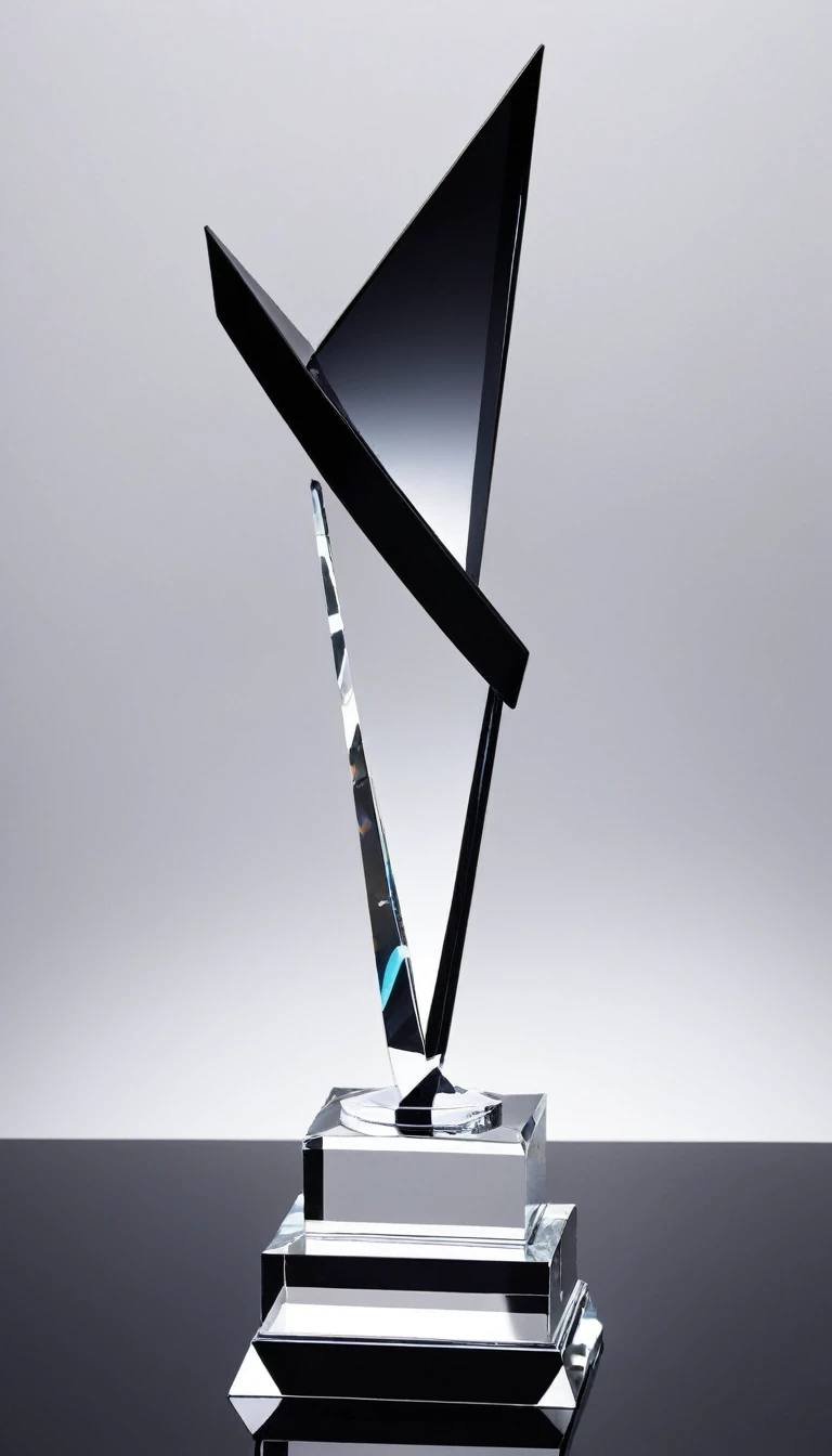 A cool trophy;Black matte metal trophy,Crystal acrylic base;Simplicity,Fashion,Feature,White background,Front view。Simplicity,Smart,Non-figurative。Enhance ambient light,Silk background。