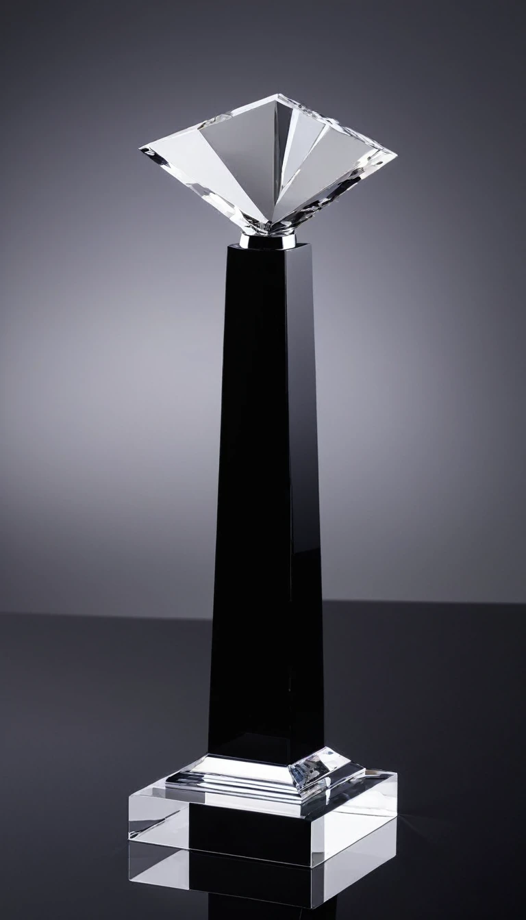 A cool trophy;Black matte metal trophy,Crystal acrylic base;Simplicity,Fashion,Feature,White background,Front view。Simplicity,Smart,Non-figurative。Enhance ambient light,Silk background。
