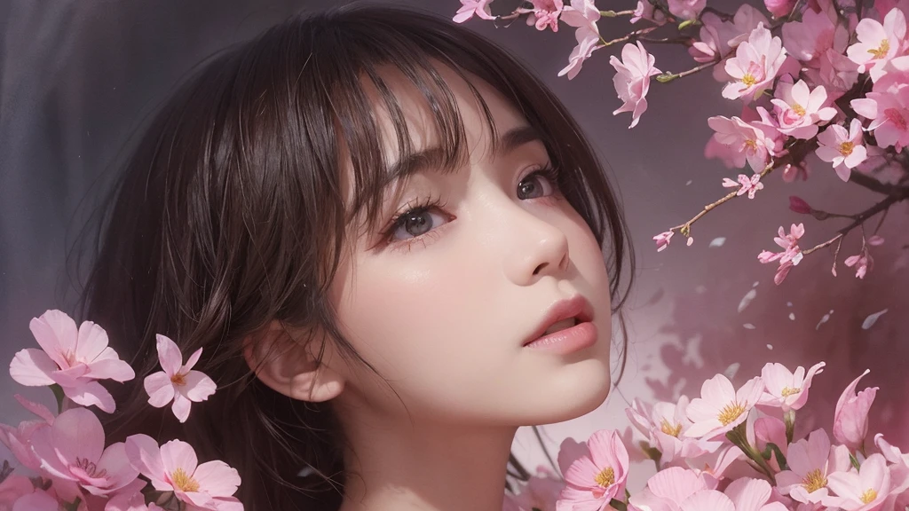 32k, Masterpiece, Highest quality, One girl, Detailed eyes, flower,Sandersonia, Pink and brown style,A dreamy, romantic piece,Pale pink, Mysterious Leaves,A playful arrangement,Fantasy,High Contrast,Ink strokes,explosion,Exposure, Impression of pink and brown tones,Abstract,((Watercolours by John Berkey and Jeremy Mann )) Brush strokes,Negative Space, Tyndall effect,