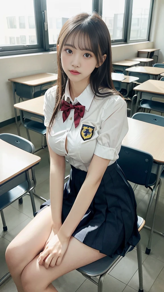 (A slim girl with big breasts in a high school uniform:1.3、Long Shot:1.5、Sitting on a chair in the classroom、lean forward and look at me:1.5)、(A sulky, angry look: 1.5)、(Anatomically correct:1.3)、(Complete Hand:1.3)、(Full Finger:1.3)、Photorealistic、Raw photo、Highest quality、High Resolution、Delicate and beautiful、Perfect Face、Beautiful fine details、Fair skin、Real human skin、pores、((Thin legs))、(Black Hair)