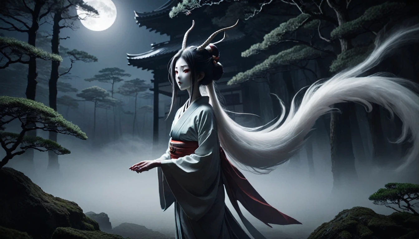 "Create an image of Rokurokubi, a legendary creature from Japanese folklore. Rokurokubi appears as a normal human during the day, but at night, her neck stretches to incredible lengths. Illustrate her in traditional Japanese attire with her elongated neck. The setting should be a dimly lit, eerie environment, possibly an old Japanese house or a moonlit forest. Incorporate traditional Japanese art elements and a sense of supernatural mystery."