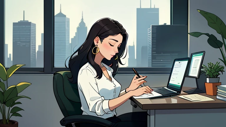 Beautiful dark-haired woman in her 30s sitting in an spacious office office green chair, looking down and closing her eyes, relaxed atmosphere, cozy, LOFI girl, alone in the room, white blouse, desk, documents, laptop, pen, watch, smartphone, stationery, wide glass window, only five fingers, New York, colorful, well-proportioned face, I can see skyscrapers outside the window, Modern Office, colorful , pierced earrings, She is fashionable, 