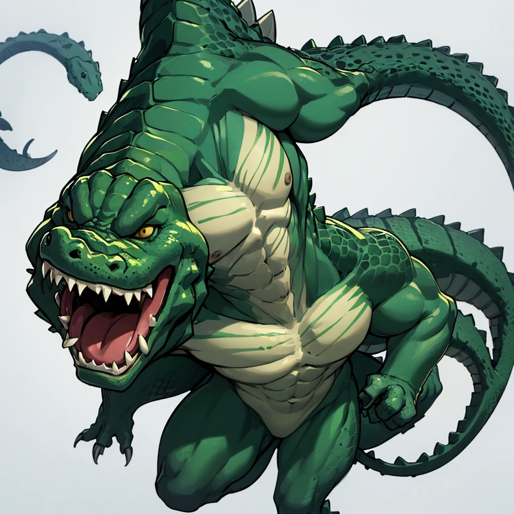 (((Solo)))、(Full body character concept)、8k、Best illustrations、Best Quality((((No humans)))), reptiles,, green body, Crocodile human, Muscular,、Combat Stance、(Crocodile scaleovement angle、(White background)