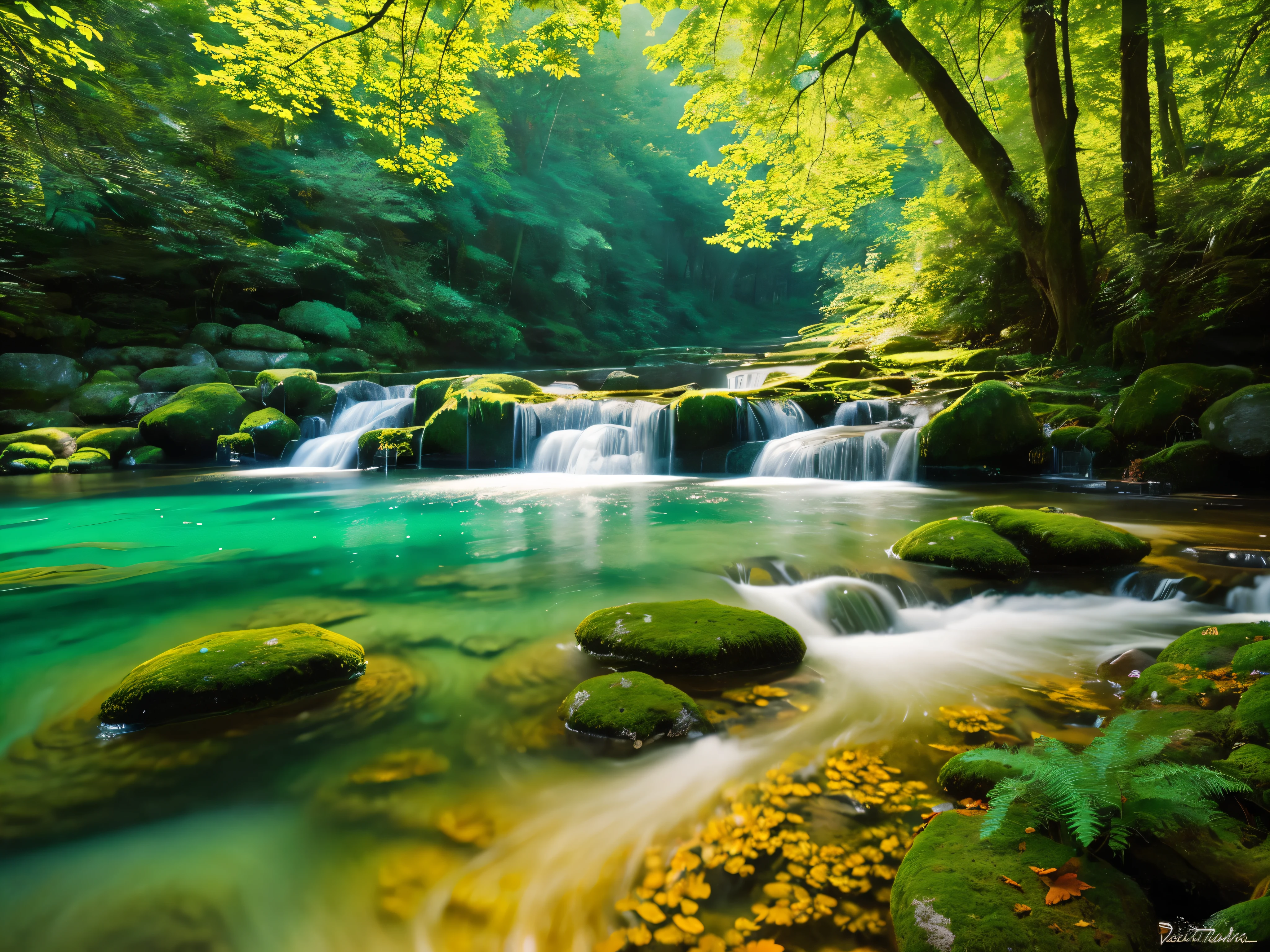 A gently flowing stream winds its way through a lush forest, the sunlight shimmering on its crystal-clear surface. This picturesque scene is captured in a stunning painting, where each leaf and rock is meticulously detailed. The vibrant greens of the foliage and the soft ripples of the water evoke a sense of tranquility and natural beauty. The artist's skillful use of color and light brings the image to life, making it truly mesmerizing.