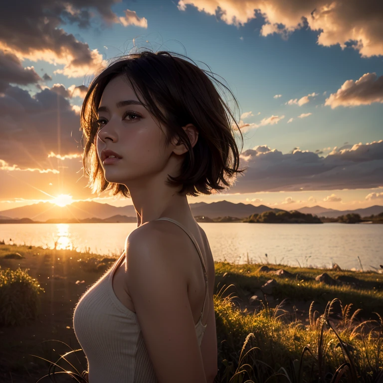 Best quality, masterpiece, ultra high res, photorealistic,raw photo, unity 8k wallpaper, panorama, cinematic lighting, on grass, sunset, dappled sunlight, golden hour lighting, backlighting, blurry background, (lens flare), wind, pastel colors, soft light, 1girl, floating short hair, sad, upper body,