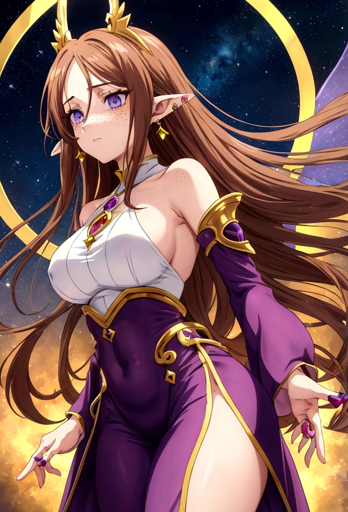 In seven deadly sins anime style, a fairy with long brown hair, freckles, big and long pointy ears, almond shaped blue eyes, with earrings, a nose piercing on right side of my nose, wearing a modest outfit, hourglass figure, and really pretty purple wings