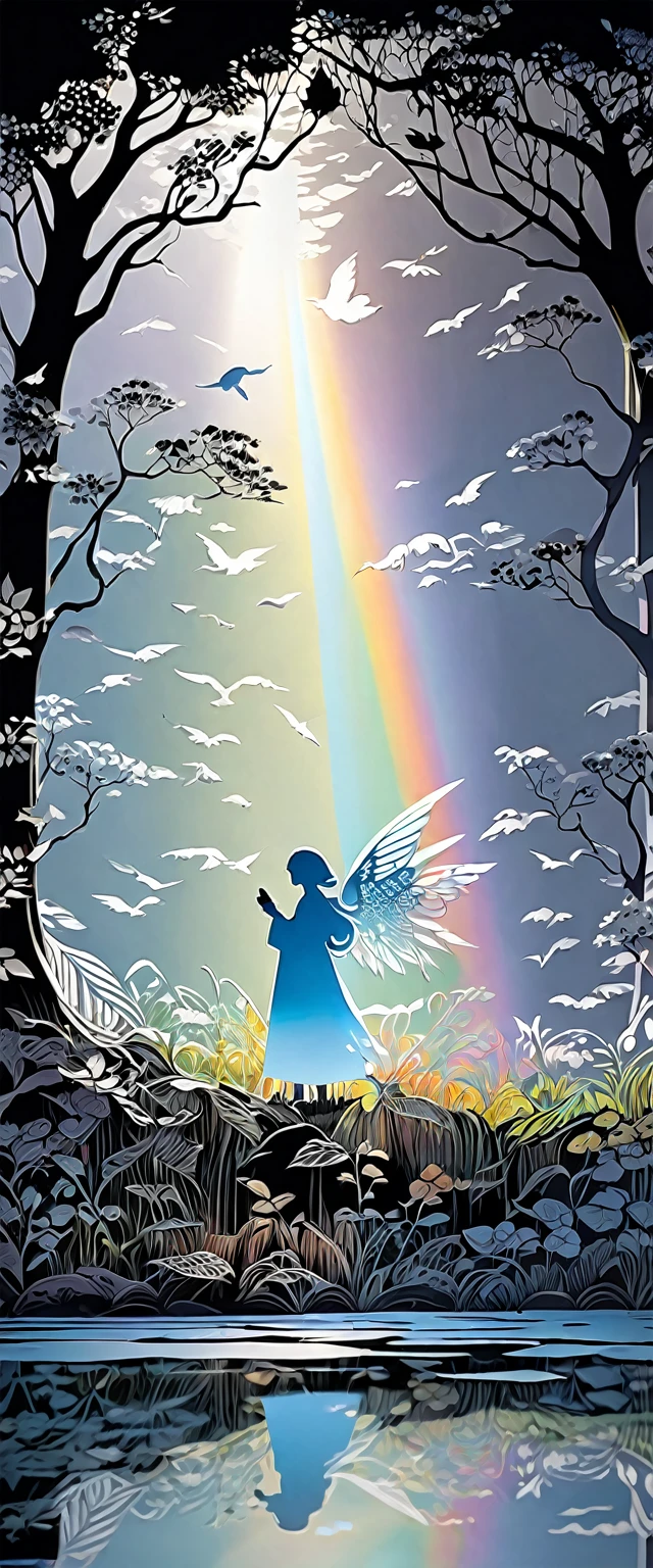 fusion of oil painting and watercolor painting, fusion of paper cutting and shadow puppetry, monochrome artworks here and there, best quality, super fine, 16k, incredibly absurdres, extremely detailed, delicate and dynamic, many cute baby angels with wings will descend to pray for peace, a mysterious gigantic artistic structure made of chrome-plated framework and glass, after the rain, sunlight shines through the gaps in the clouds, the glass reflects the rainbow colors and the timer analyzer displayed, a lot of iridescent petals fluttering down, the grass is covered with mist, creating a fantastic image effect