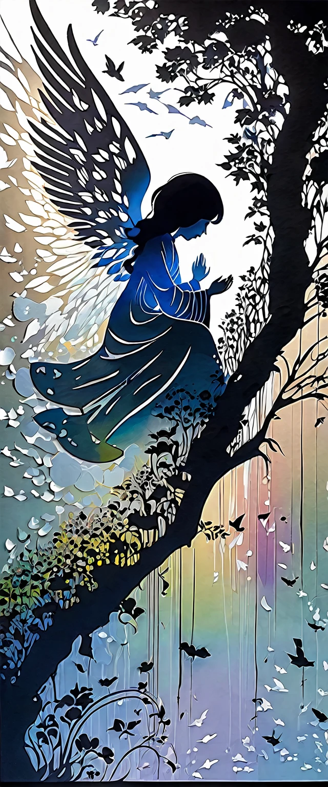 fusion of oil painting and watercolor painting, fusion of paper cutting and shadow puppetry, monochrome artworks here and there, best quality, super fine, 16k, incredibly absurdres, extremely detailed, delicate and dynamic, many cute baby angels with wings will descend to pray for peace, a mysterious gigantic artistic structure made of chrome-plated framework and glass, after the rain, sunlight shines through the gaps in the clouds, the glass reflects the rainbow colors and the timer analyzer displayed, a lot of iridescent petals fluttering down, the grass is covered with mist, creating a fantastic image effect