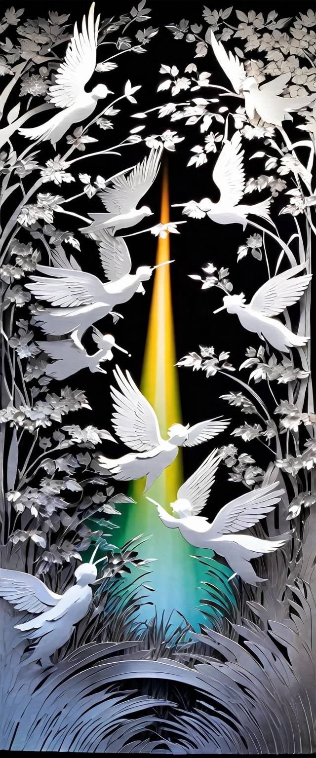 fusion of oil painting and watercolor painting, fusion of paper cutting and shadow puppetry, monochrome artworks here and there, best quality, super fine, 16k, incredibly absurdres, extremely detailed, delicate and dynamic, many cute angels with wings will descend to pray for peace, a mysterious gigantic artistic structure made of chrome-plated framework and glass, after the rain, sunlight shines through the gaps in the clouds, the glass reflects the rainbow colors and the timer analyzer displayed, a lot of iridescent petals fluttering down, the grass is covered with mist, creating a fantastic image effect