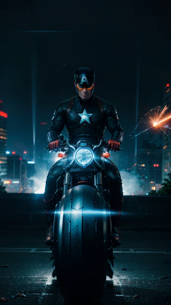 Dark portrait of Captain America as Tron from Marvel, riding a Tron motorbike, extremely detailed, futuristic cityscape, nighttime, glowing neon lights, smoke, sparks, metal shavings, flying debris, blue energy effects, volumetric light,