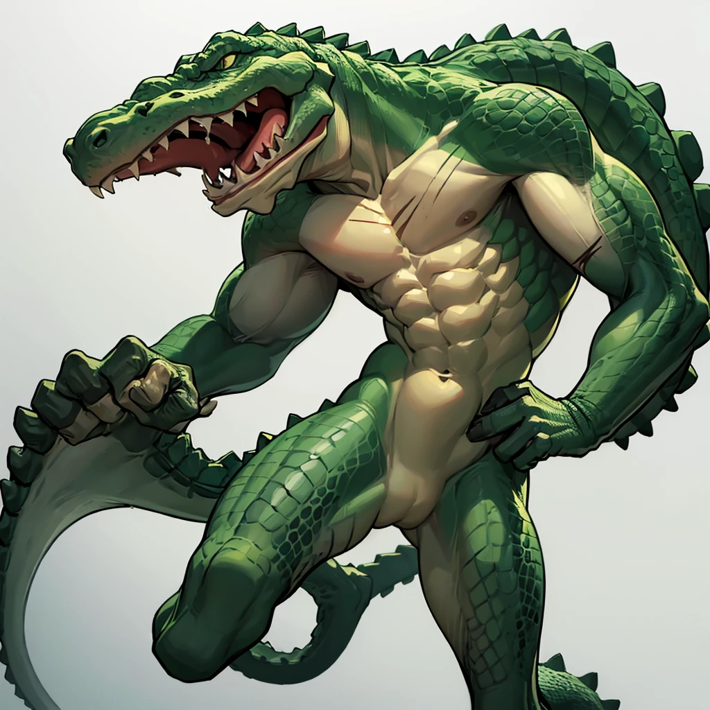 ((((No humans))))、Libra, reptiles, scar, Humanity, Crocodile, green body, scale, There is nothing there, Crocodilian, facial scar, Muscular, green scale, teeth、get annoyed、Fighting stance、Movement angle、(From below)、(White background)