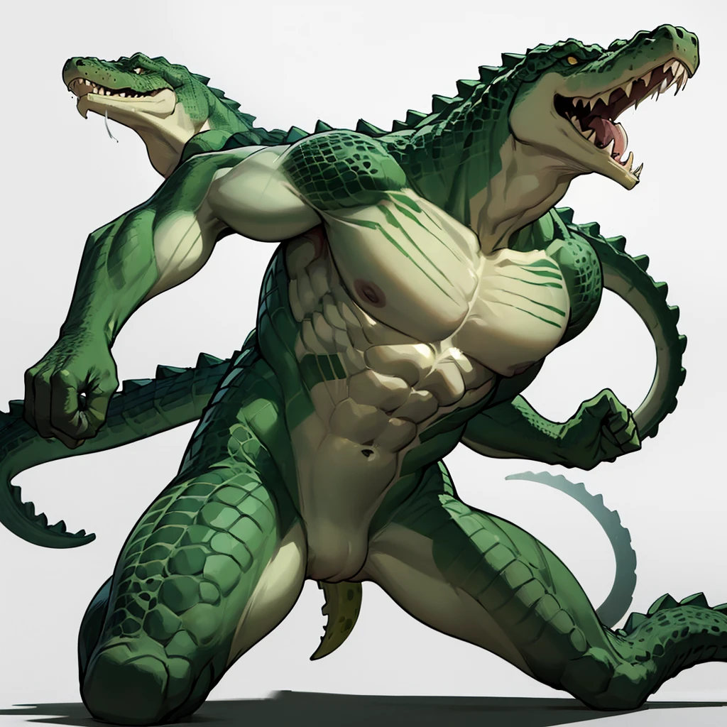 ((((No humans))))、Libra, reptiles, scar, Humanity, Crocodile, green body, scale, There is nothing there, Crocodilian, facial scar, Muscular, green scale, teeth、get annoyed、Fighting stance、Movement angle、(From below)、(White background)