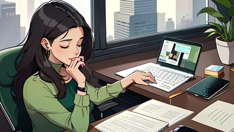 Beautiful dark-haired woman in her 30s sitting in an spacious office office green chair, looking down and closing her eyes, relaxed atmosphere, cozy, LOFI girl, alone in the room, white blouse, desk, documents, laptop, pen, watch, smartphone, stationery, wide glass window, only five fingers, New York, colorful, well-proportioned face, I can see skyscrapers outside the window, Modern Office, colorful , pierced earrings, She is fashionable,