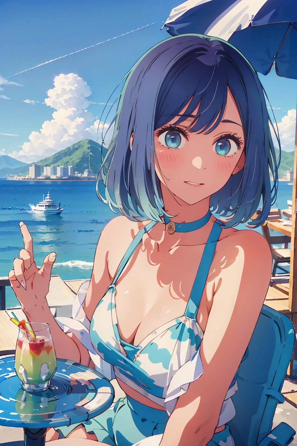 (Highest quality:1.4、8K:1.4、detailed)、F cup bust、Big Breasts、Slim body、Very white beautiful skin、((((1 person、Surprised expression、sit、Chair、In the background are the urban buildings of Tokyo、looking at the camera、Outdoor café terrace、coastal、Navy hair color、juice、White side string high leg bikini、Shooting up close、table、Very cute face))))、(Waving:1.4)、Very blue sky、A completely cloudless sky