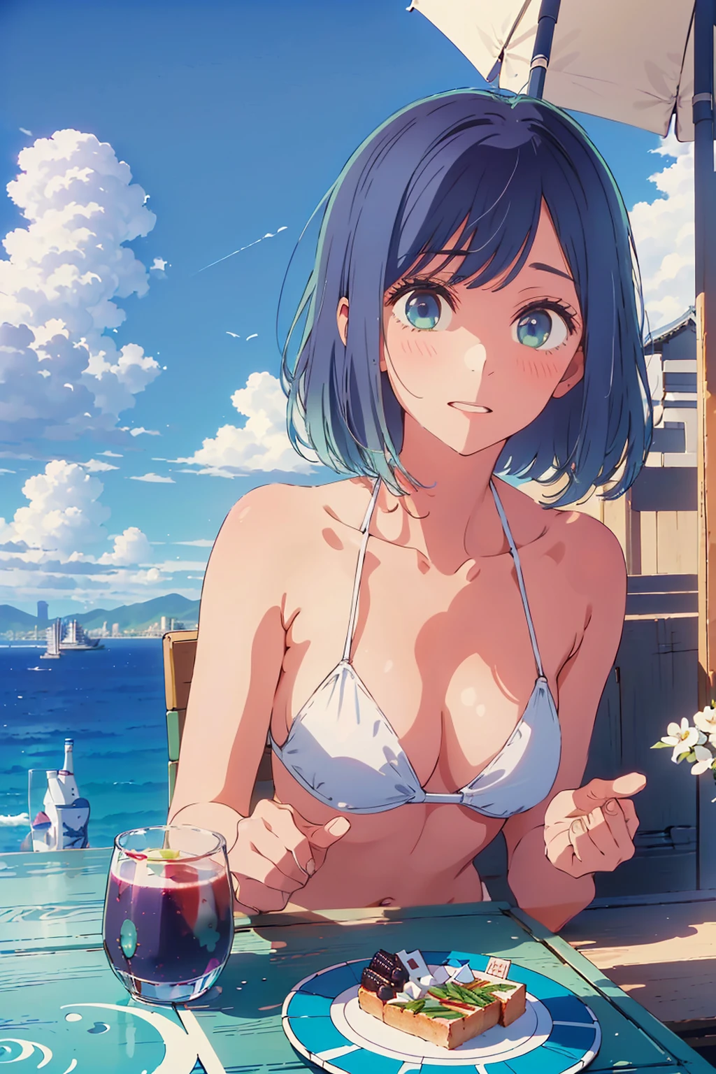 (Highest quality:1.4、8K:1.4、detailed)、F cup bust、Big Breasts、Slim body、Very white beautiful skin、((((1 person、Surprised expression、sit、Chair、In the background are the urban buildings of Tokyo、looking at the camera、Outdoor café terrace、coastal、Navy hair color、juice、White side string high leg bikini、Shooting up close、table、Very cute face))))、(Waving:1.4)、Very blue sky、A completely cloudless sky