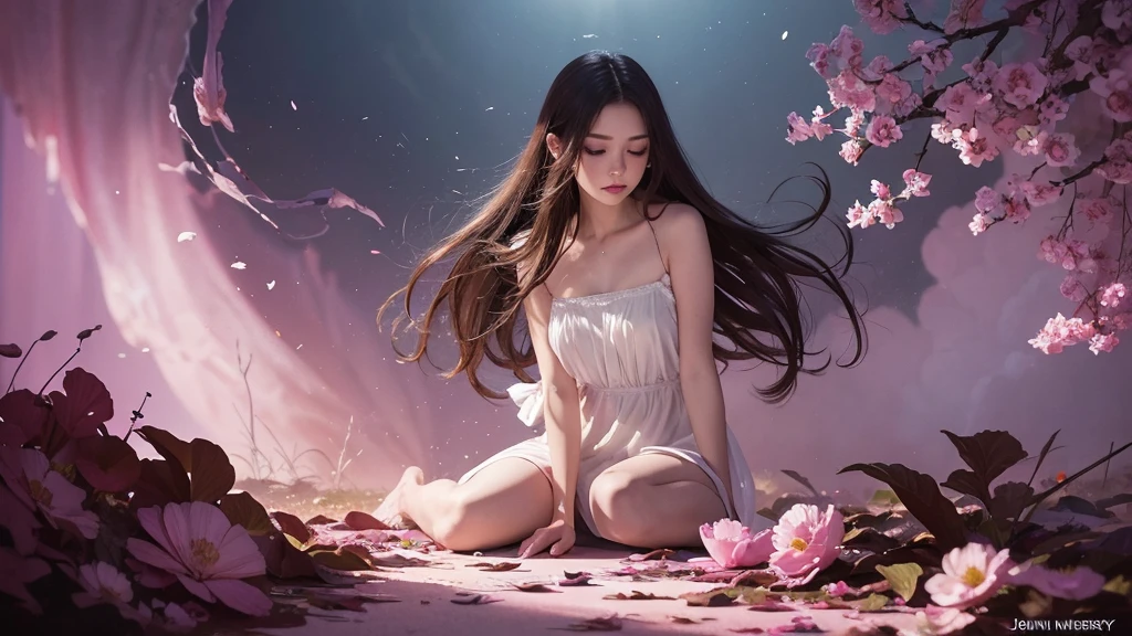 32k, Masterpiece, Highest quality, One girl, Detailed eyes, flower,Sandersonia, Pink and brown style,A dreamy, romantic piece,Pale pink, Mysterious Leaves,A playful arrangement,Fantasy,High Contrast,Ink strokes,explosion,Exposure, Impression of pink and brown tones,Abstract,((Watercolours by John Berkey and Jeremy Mann )) Brush strokes,Negative Space, Tyndall effect,
