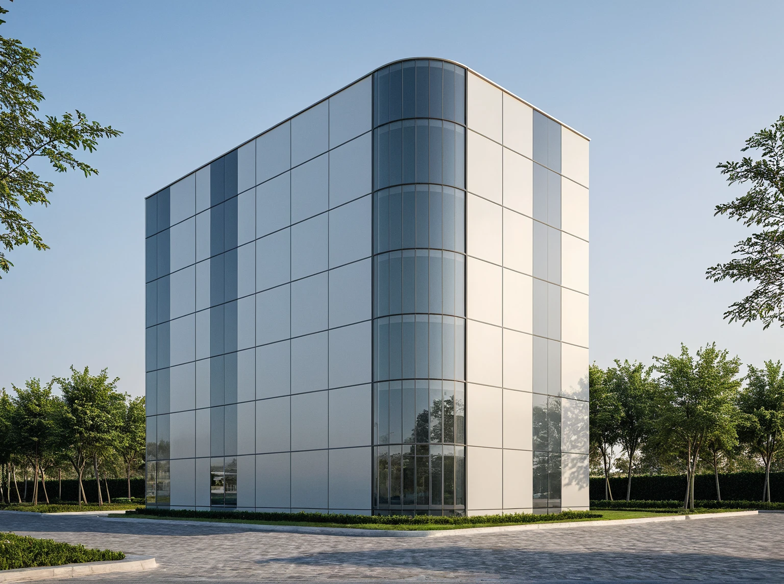 3D rendering of the exterior facade for "NASAK INT masking studio" in Dubai, white color with light gray metal cladding, modern architecture style, 4 floors and parking area on ground floor, building size is 20 meters by 59 meters, building located at street level with large windows overlooking road side, 6 Lamborghini cars parked near it, and green trees around, daylight. The rendering is in the style of modern architecture
