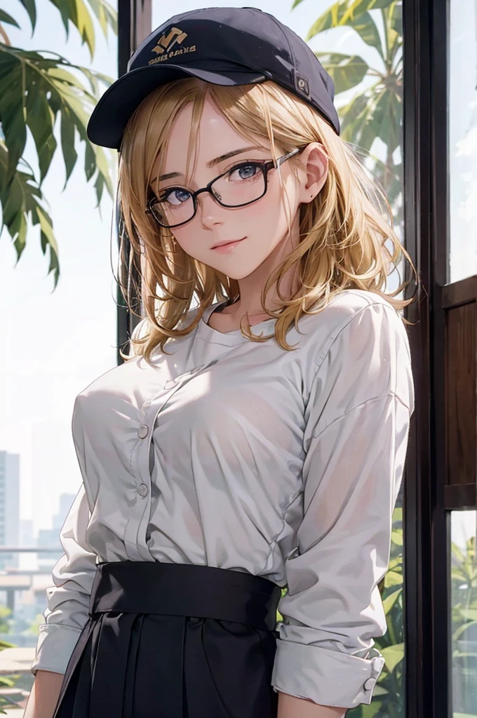 Akiyama_K, ponytail,blonde hair,red glasses, yellow eye,1Best quaity masterpiece, 8K, the most beautiful farmer girl in the world, smiling seductively, hands holding skirt up, white see through pantys 1,6, big saggy breasts hanging out of  braless top, beautiful high detailed dreamgarden, nsfw 8K