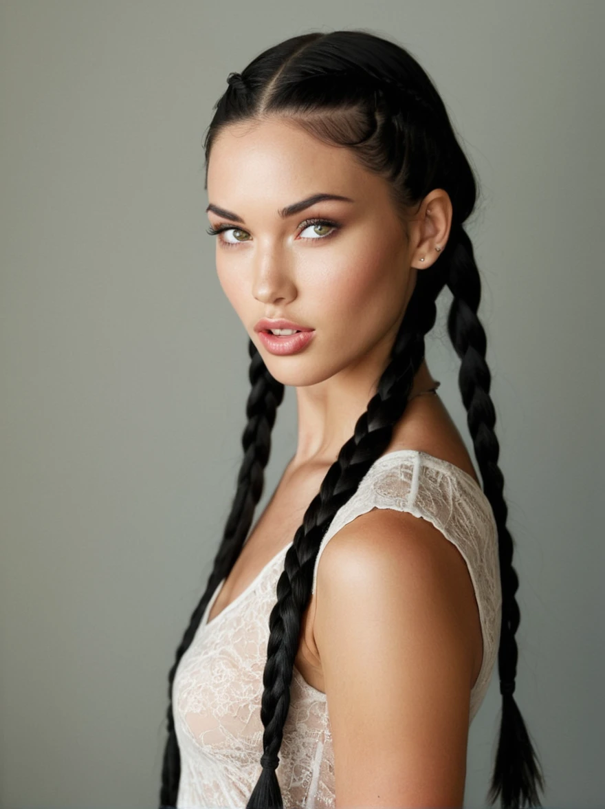 a realistic photo of a [ really beautiful exotic androgynous supermodel 19 year old woman] , with [long, dark hair in sleek braids] , looks like [Megan FOX] and [Adriana Lima], light makeup, looking [innocent, cute, flushed] , [light] skin --ar 9:16 --stylize 750 --v 6