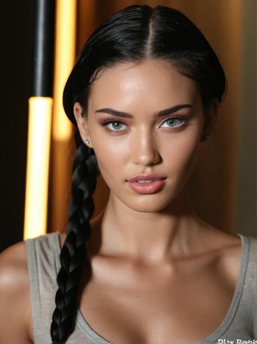 a realistic photo of a [ really beautiful exotic androgynous supermodel 19 year old woman] , with [long, dark hair in sleek braids] , looks like [Megan FOX] and [Adriana Lima], light makeup, looking [innocent, cute, flushed] , [light] skin --ar 9:16 --stylize 750 --v 6