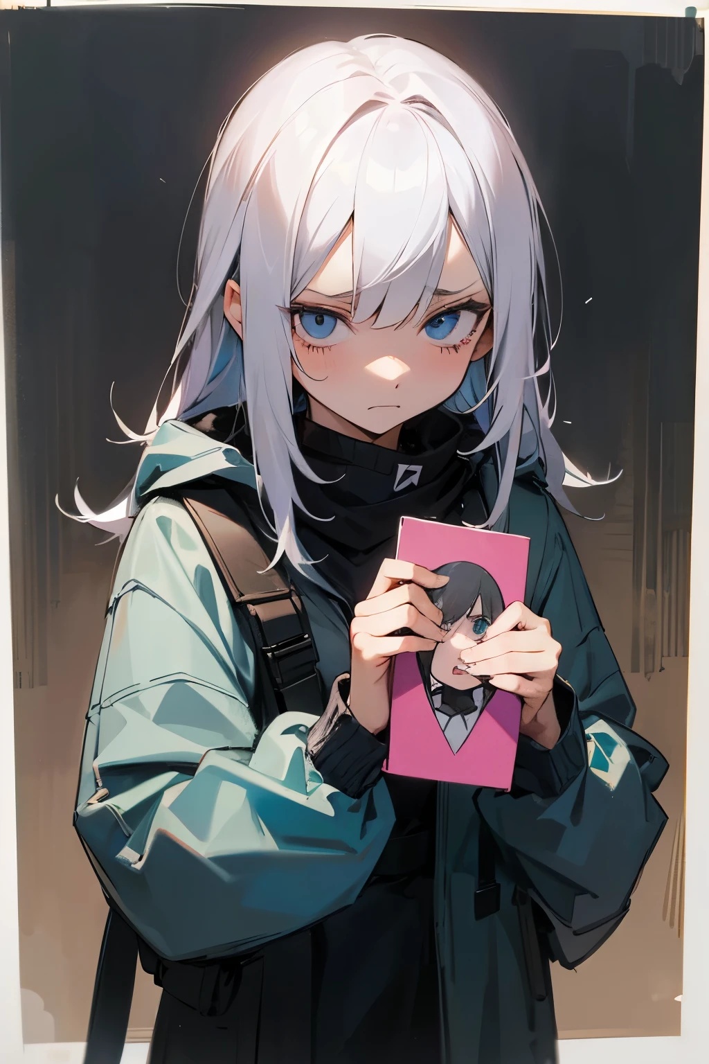 sadistic girl, (cold and unfriendly expression), holding a picture of a number 140