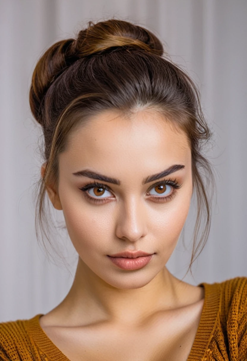 (1 girl), updo hairstyle, extremely cute face, wonderful face and eyes, brown-honey eyes, (extremely detailed eyes, extremely detailed face), Fresh, very beautiful appearance, (super photographic, High resolution), (best quality:1.4), (hyper quality), real skin texture, Raw photo, (Reality, photorealistic:1.37), extremely detailed, professional photography, 32k sexy female models , Big breasts that are about to burst, 1 girl,sweater,background white,((latex barely)((upper body whole body)), face ultra ultra super 8k hd, skin realistic, skin so natural that it confuses the viewer