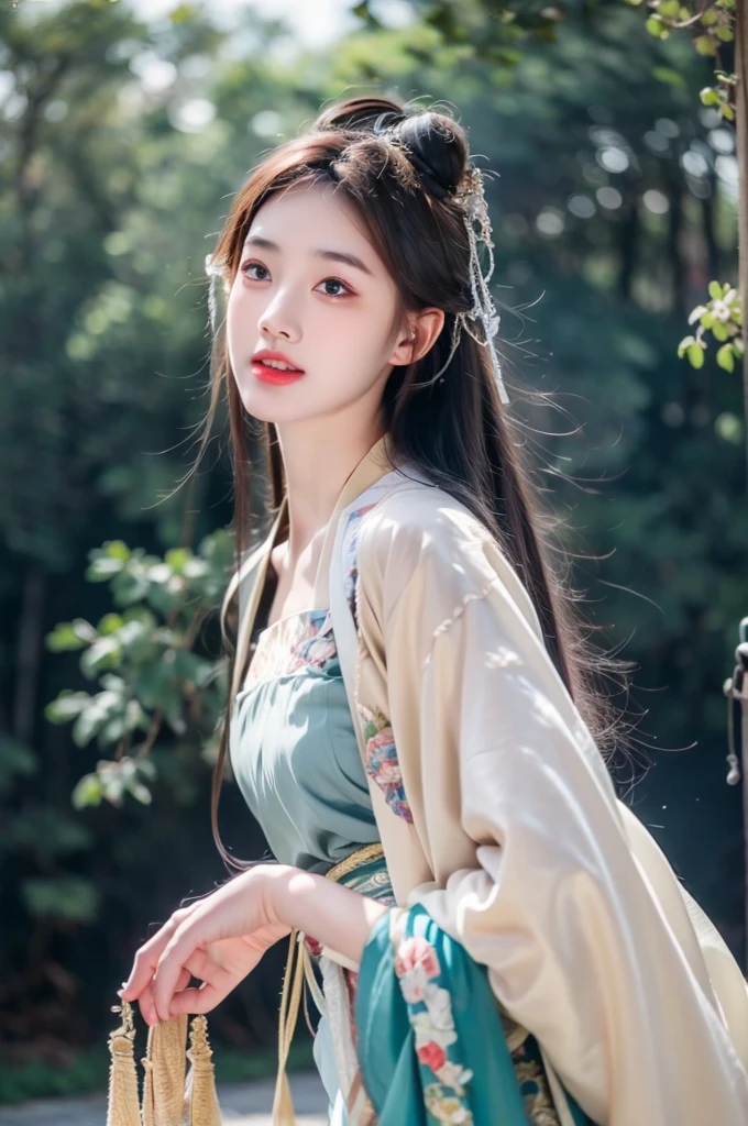 fullfbody of 1girl,  (8k, best quality, masterpiece), (realistic, photo-realistic:1.37), hanfu clothes, cute and innocent, turnaround pose, her skirt flowing, wind flow, slow shutter speed, ultra-detailed, photorealism