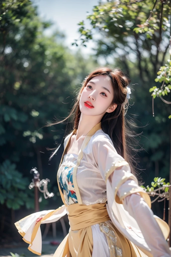fullfbody of 1girl,  (8k, best quality, masterpiece), (realistic, photo-realistic:1.37), hanfu clothes, cute and innocent, turnaround pose, her skirt flowing, wind flow, slow shutter speed, ultra-detailed, photorealism