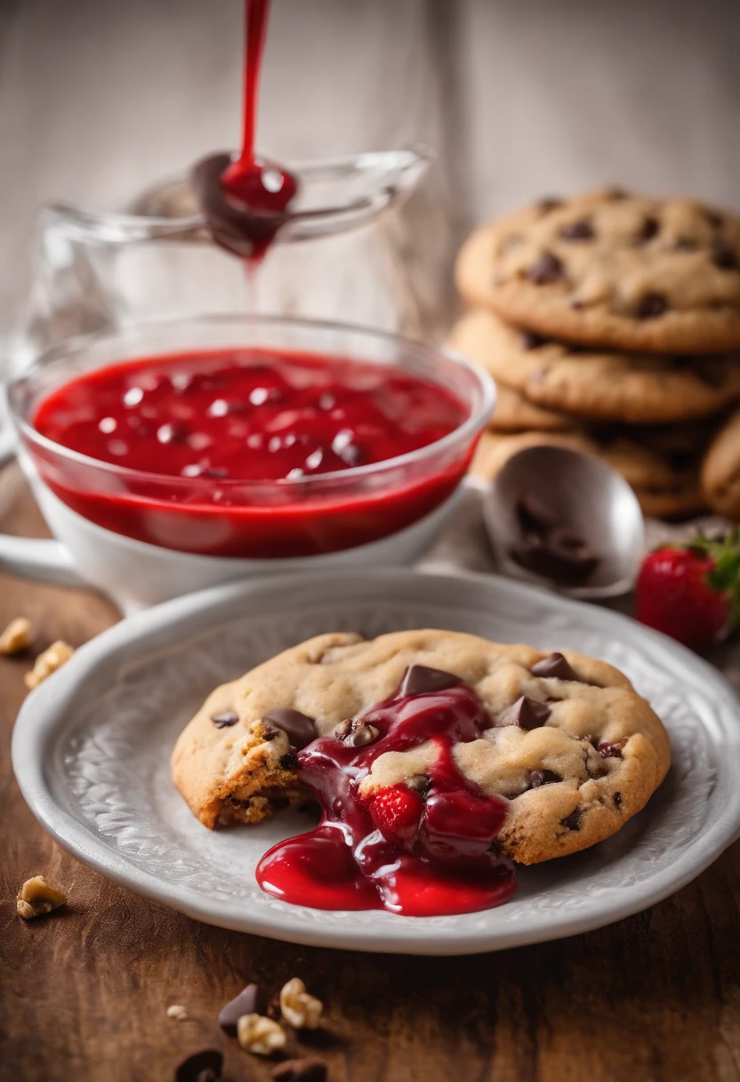 Cookie, Cookie cookie, chocolate, with strawberry sauce, chocolate chip cookie with chocolate chips and walnuts, (cookie with strawberry sauce por cima), realisitic, high resolution, 4K, scenario (not nature), Cookies de chocolate with strawberry sauce, professional foto, best photographer in the world, grade, optical zoom, cookies com calda de morango,  cookies com calda vermelha, cookie com calda de morango 
