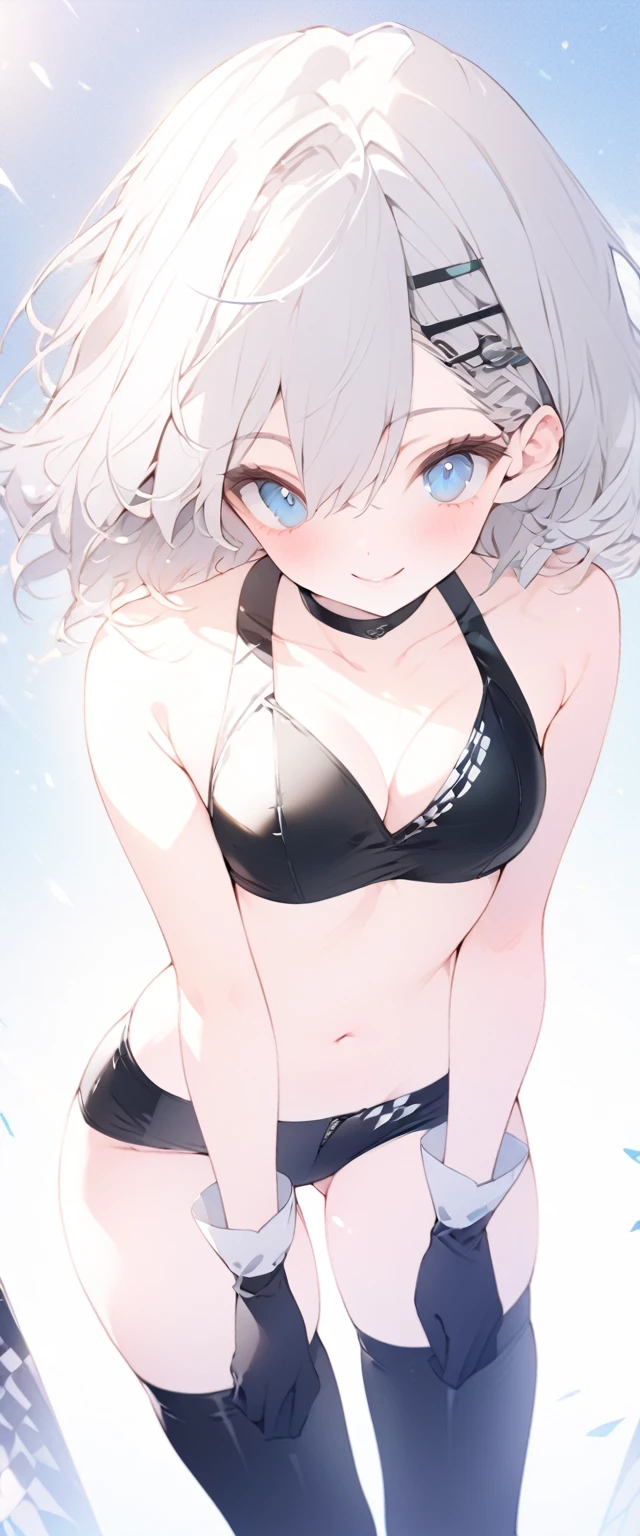 beautiful, masterpiece, Highest quality, anime, One girl, C Cup,Portrait Shot, View your viewers, Covered、Short Hair、nearby、Blue Eyes、art、、White hair,Blue streaked hair、wallpaper、hairpin、Cute smile、Thighs、navel、Black and White_Open race queen、Blue-black_Gloves、Blue-black_Knee-high boots、、Cute、circuit、blue sky、Blue-black_High leg、Leather material、
V-neck