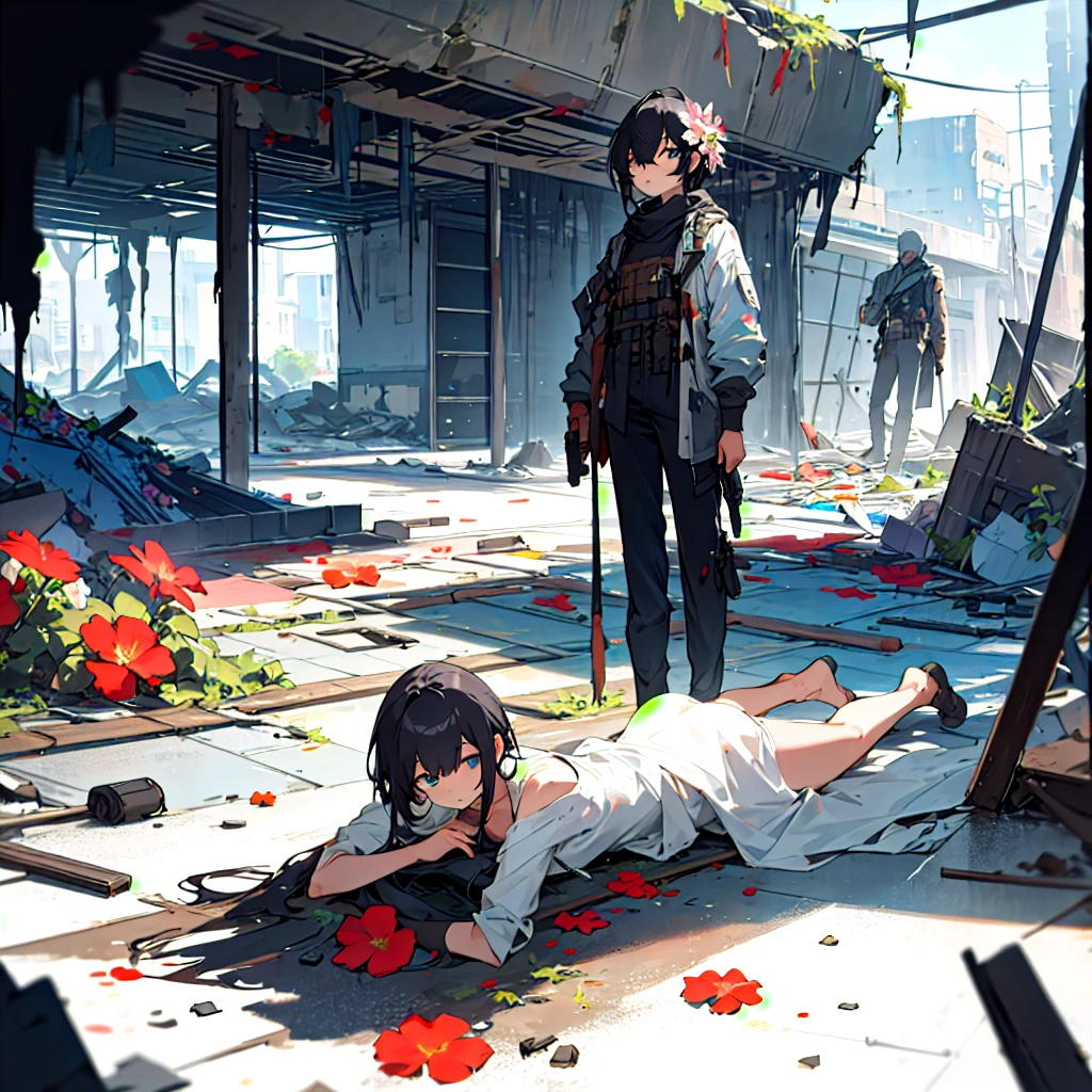 Create a character standing and looking at another character lying down in a destroyed environment with flowers.