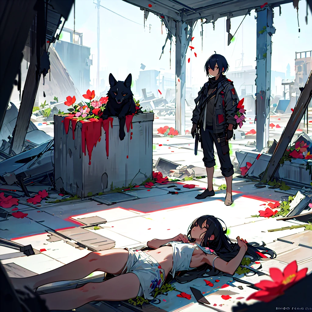 Create a character standing and looking at another character lying down in a destroyed environment with flowers.