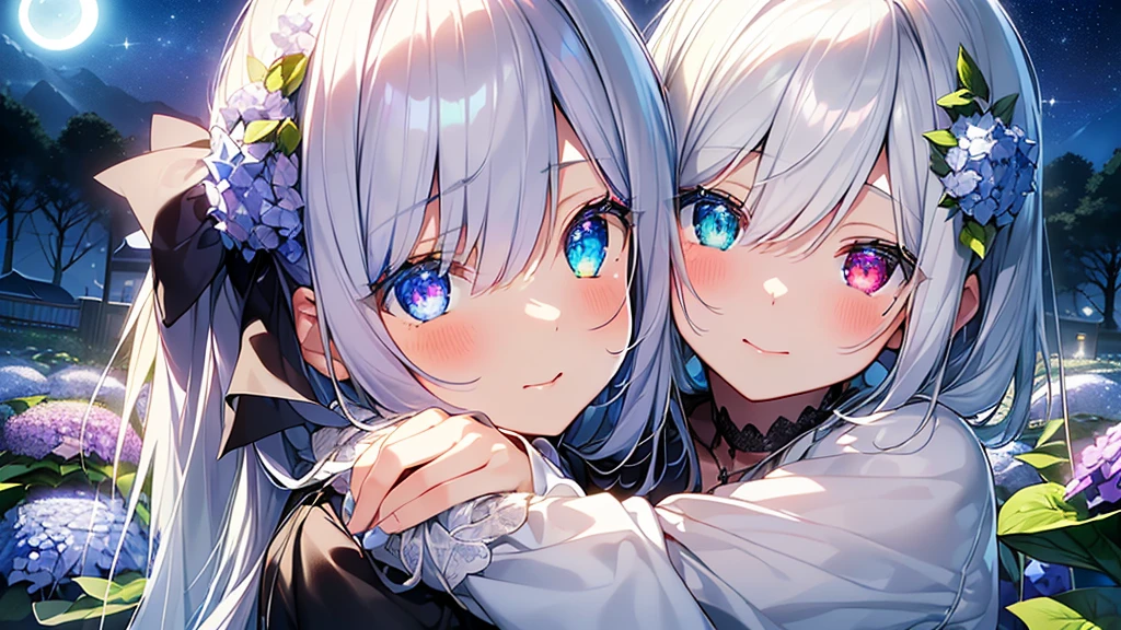 Best quality、Photorealistic、Ultra-detailed、delicate、Orderly、High Detail、Bluish Silver Short Bob、(Drooping heterochromia iris,glowing eyes、Sparkling Eyes:1.3)、slender、(One girl:1.2)、(moon、night、Night Sky、Dark Night、Glowing Hydrangea、Mysterious Light、Girl hugging herself:1.3)、