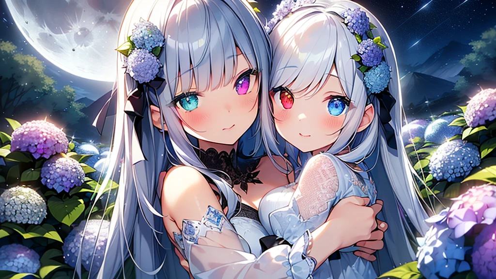 Best quality、Photorealistic、Ultra-detailed、delicate、Orderly、High Detail、Bluish Silver Short Bob、(Drooping heterochromia iris,glowing eyes、Sparkling Eyes:1.3)、slender、(One girl:1.2)、(moon、night、Night Sky、Dark Night、Glowing Hydrangea、Mysterious Light、Girl hugging herself:1.3)、