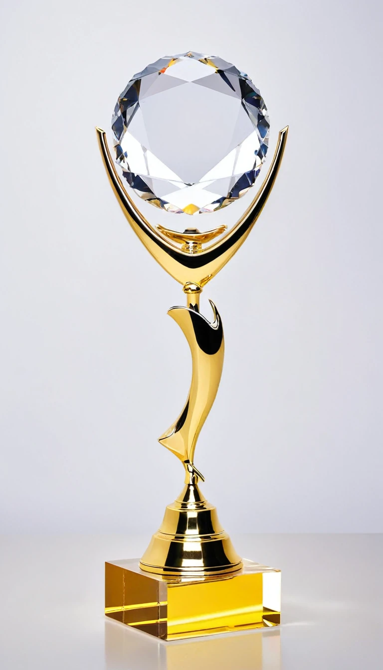 A cool trophy;Golden metal trophy,Crystal acrylic base;Simplicity,Fashion,Feature,White background,Front view。Simplicity,Smart,Non-figurative。Enhance ambient light,Silk background。