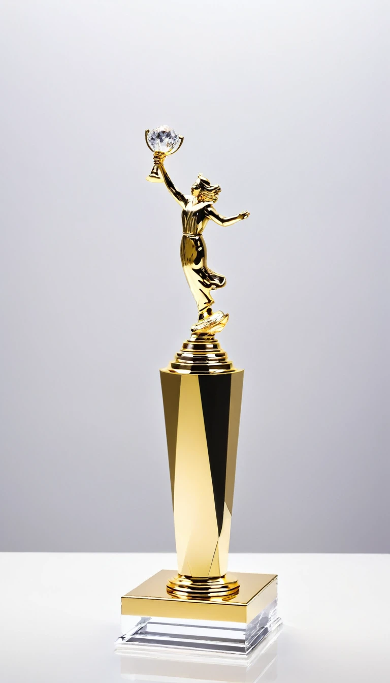 A cool trophy;Golden metal trophy,Crystal acrylic base;Simplicity,Fashion,Feature,White background,Front view。Simplicity,Smart,Non-figurative。Enhance ambient light,Silk background。