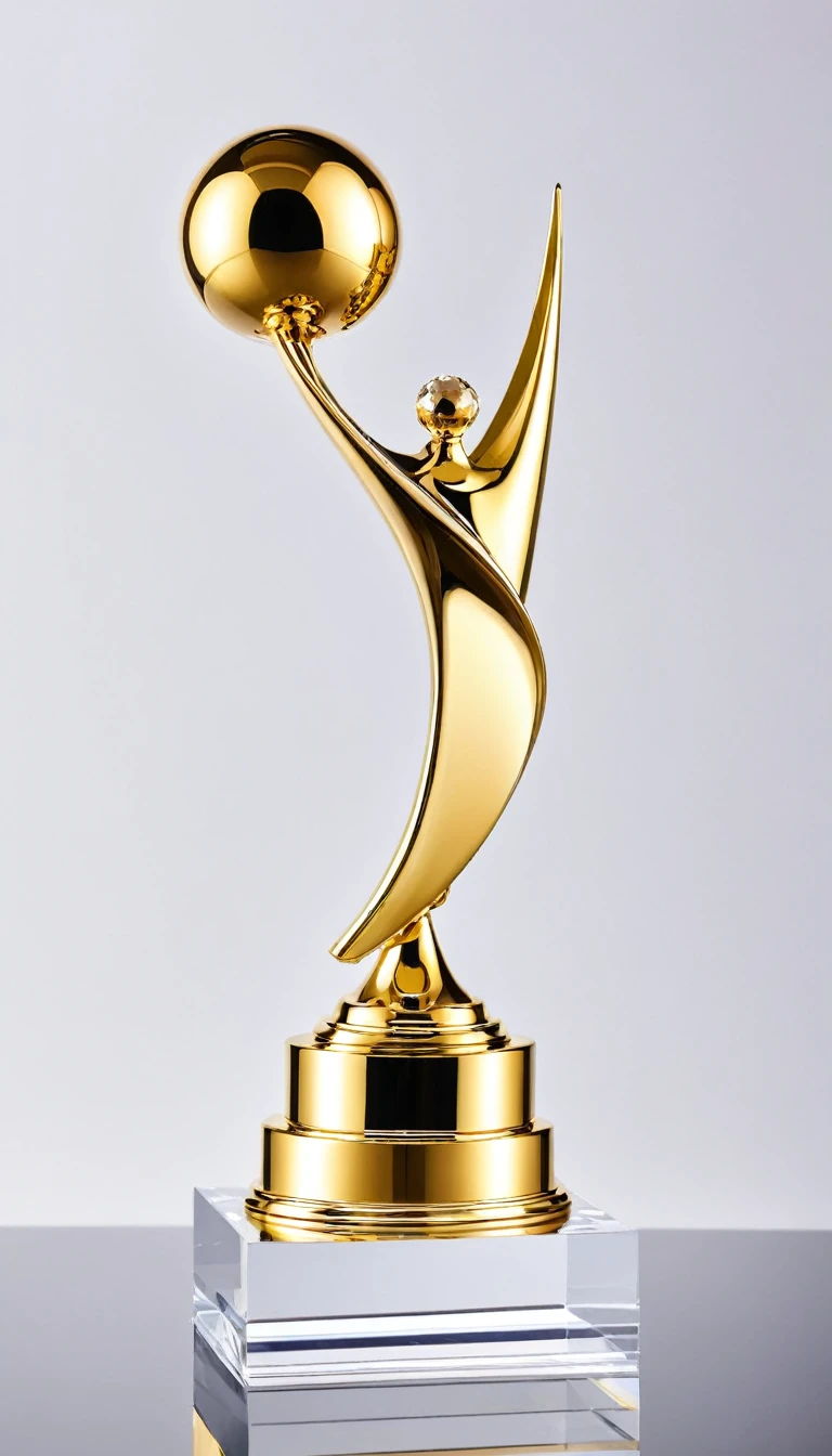 A cool trophy;Golden metal trophy,Crystal acrylic base;Simplicity,Fashion,Feature,White background,Front view。Simplicity,Smart,Non-figurative。Enhance ambient light,Silk background。