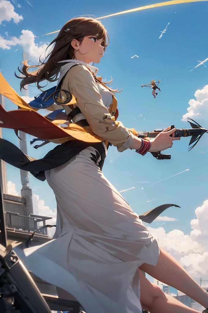 (Determination to aim higher:1.5), (scene flying far away:1.4), (A woman&#39;s determined expression:1.5), (flight soaring into the sky:1.4), (blue sky background:1.3), (high resolution)