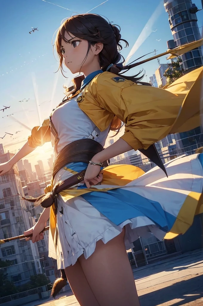 (Determination to aim higher:1.5), (scene flying far away:1.4), (A woman&#39;s determined expression:1.5), (flight soaring into the sky:1.4), (blue sky background:1.3), (high resolution)