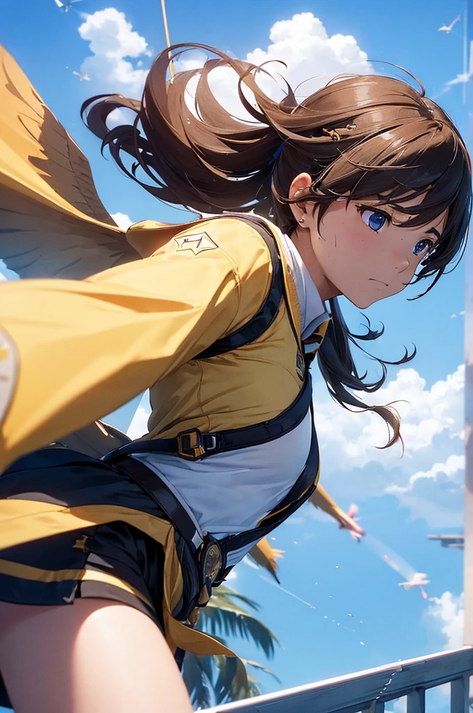 (Determination to aim higher:1.5), (scene flying far away:1.4), (A woman&#39;s determined expression:1.5), (flight soaring into the sky:1.4), (blue sky background:1.3), (high resolution)