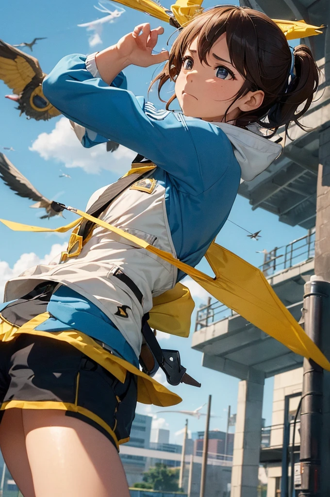 (Determination to aim higher:1.5), (scene flying far away:1.4), (A woman's determined expression:1.5), (flight soaring into the sky:1.4), (blue sky background:1.3), (high resolution)