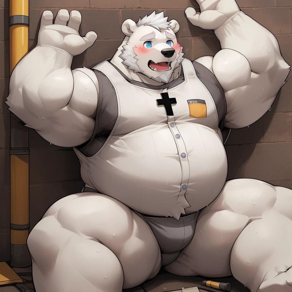 masterpiece, best quality, 8k resolution, Very detailed, hairy，(((polar bear))，(((Mature)))，(((beard))),(((Strong)))，(((Blue Eyes))),(((White hair all over body)))，(((portrait)))，(((White hair)))，(((Construction Site)))，For the audience，(((White vest))),(((Back against the wall)))，(((Open mouth)))，Highest quality scene，(((whole body)))，(((Shameful)))，(((Blushing)))，((( Raise your hands)))，(((sweaty)))，((Fat-enclosed muscle))，(((Round face)))，(((alone)))，(((Strong body)))，(((Hip bulge)))，(((Lifted clothes)))，((sit on the floor))，(((Sitting cross-legged)))，(((Gray thong)))