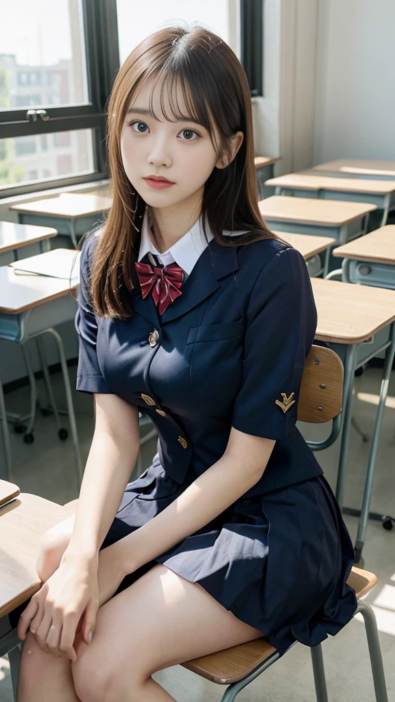(A slim girl with big breasts in a high school uniform:1.3、Long Shot:1.5、Sitting on a chair in the classroom、lean forward and look at me:1.5)、(Furious expression: 1.5)、(Anatomically correct:1.3)、(Complete Hand:1.3)、(Full Finger:1.3)、Photorealistic、Raw photo、Highest quality、High Resolution、Delicate and beautiful、Perfect Face、Beautiful fine details、Fair skin、Real human skin、pores、((Thin legs))、(Black Hair)