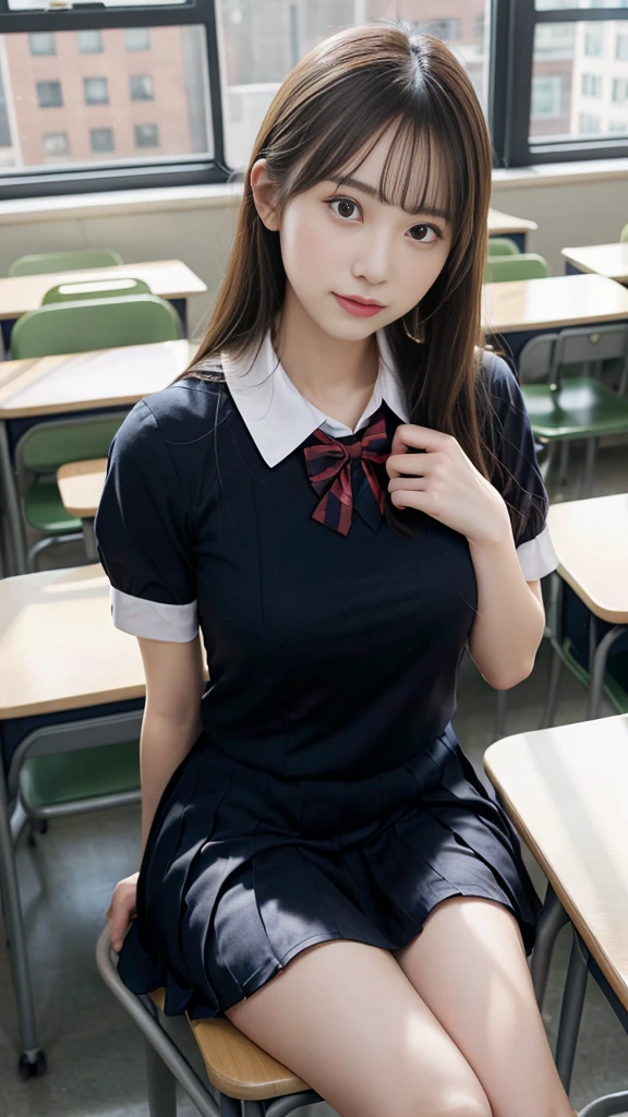 (A slim girl with big breasts in a high school uniform:1.3、Long Shot:1.5、Sitting on a chair in the classroom、lean forward and look at me:1.5)、(Furious expression: 1.5)、(Anatomically correct:1.3)、(Complete Hand:1.3)、(Full Finger:1.3)、Photorealistic、Raw photo、Highest quality、High Resolution、Delicate and beautiful、Perfect Face、Beautiful fine details、Fair skin、Real human skin、pores、((Thin legs))、(Black Hair)