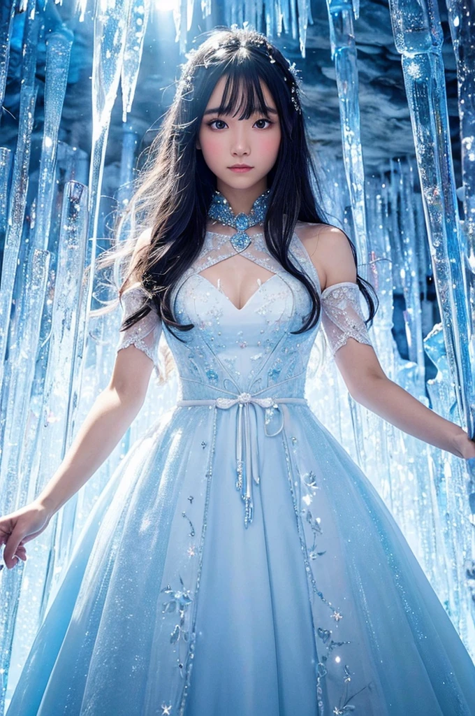 This image is、It depicts a fantastical scene of a beautiful woman standing in an ice cave.。Below is the detailed prompt for the image。

--- In the center of the image、A young woman is standing。she is wearing a white dress、The design is very delicate and elegant。The dress has lace on the shoulders、Transparent materials are used。The dress is decorated with beads and embroidery.、It reflects light and shines brightly。

Her hair is black、It has a natural wave。Her hair is decorated with ice crystals.、It gives the impression of a winter fairy.。Her expression was quiet、The slightly sad eyes are impressive.。Eyes are large、Your gentle eyes are shining。

In the background is an ice cave.。Huge icicles hang from the ceiling and walls of the cave.、The transparent ice pillars reflect the light and shine beautifully.。Fine patterns and cracks can be seen on the surface of the ice.、Natural beauty is highlighted。The whole background is filled with blue light.、It creates a cold and mysterious atmosphere.。

The use of light is very effective、The transparency of the ice and the light reflected on the woman&#39;s skin and dress are beautifully depicted.。The light hits her face softly、The expression is gently illuminated。In particular, the light reflecting off the ice icicles creates a fantastic effect.、It enhances the overall atmosphere.。

This image is、This is a work that depicts a fantastic and beautiful winter world.。The elegant figure of the woman and the mysterious background of the ice cave are perfectly combined.、It offers a highly engaging visual experience。This work is packed with fantastical and artistic elements that users love.。