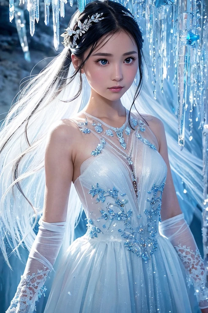 This image is、It depicts a fantastical scene of a beautiful woman standing in an ice cave.。Below is the detailed prompt for the image。

--- In the center of the image、A young woman is standing。she is wearing a white dress、The design is very delicate and elegant。The dress has lace on the shoulders、Transparent materials are used。The dress is decorated with beads and embroidery.、It reflects light and shines brightly。

Her hair is black、It has a natural wave。Her hair is decorated with ice crystals.、It gives the impression of a winter fairy.。Her expression was quiet、The slightly sad eyes are impressive.。Eyes are large、Your gentle eyes are shining。

In the background is an ice cave.。Huge icicles hang from the ceiling and walls of the cave.、The transparent ice pillars reflect the light and shine beautifully.。Fine patterns and cracks can be seen on the surface of the ice.、Natural beauty is highlighted。The whole background is filled with blue light.、It creates a cold and mysterious atmosphere.。

The use of light is very effective、The transparency of the ice and the light reflected on the woman&#39;s skin and dress are beautifully depicted.。The light hits her face softly、The expression is gently illuminated。In particular, the light reflecting off the ice icicles creates a fantastic effect.、It enhances the overall atmosphere.。

This image is、This is a work that depicts a fantastic and beautiful winter world.。The elegant figure of the woman and the mysterious background of the ice cave are perfectly combined.、It offers a highly engaging visual experience。This work is packed with fantastical and artistic elements that users love.。